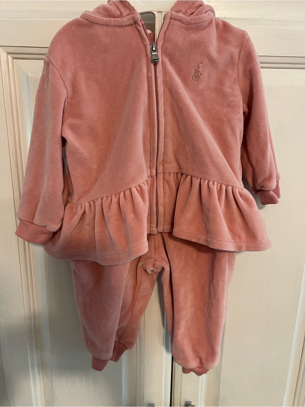 Ralph Lauren Baby Dusty Pink Velour Hooded 2-Piece Set 3-6M